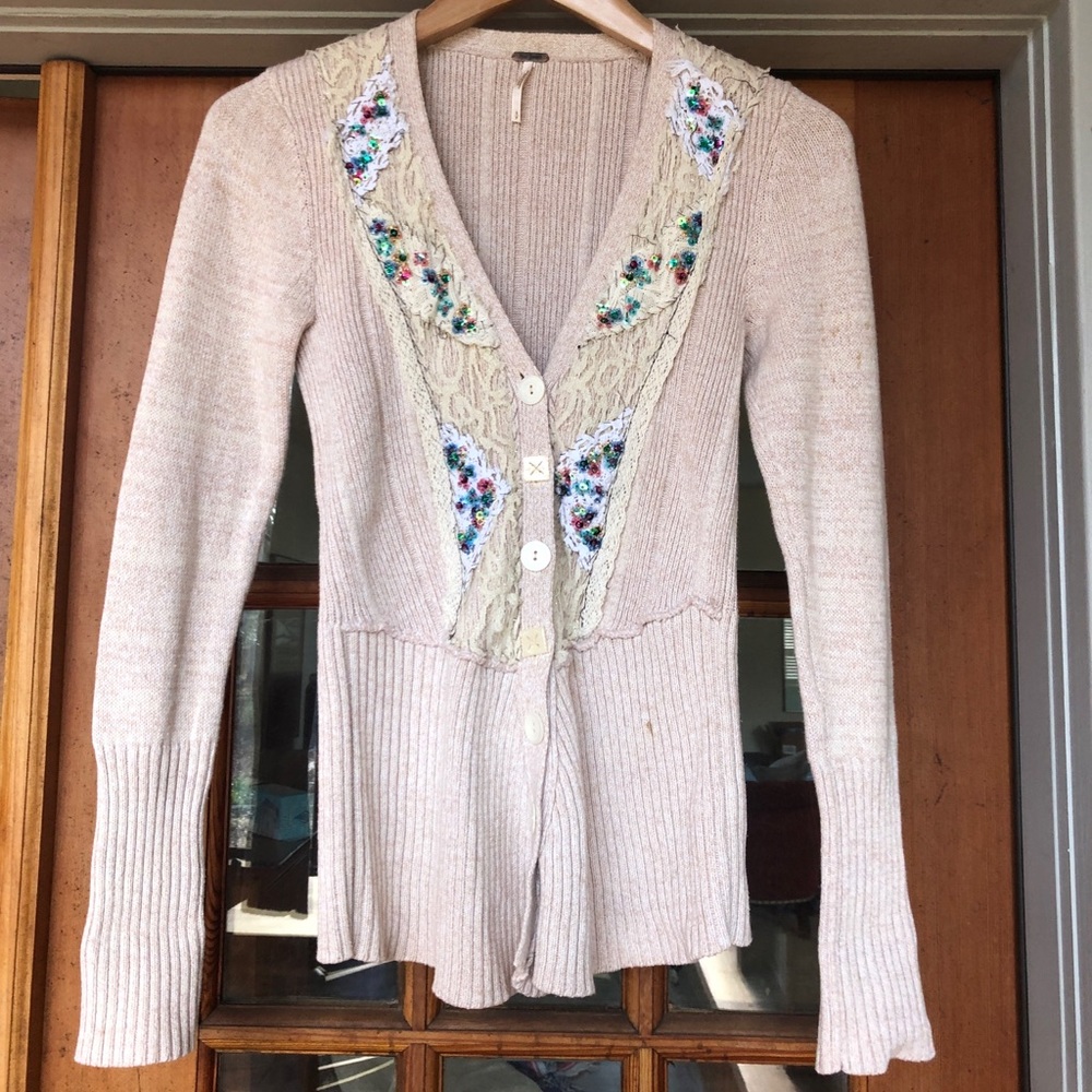 Free People Embellished Cream Sweater
